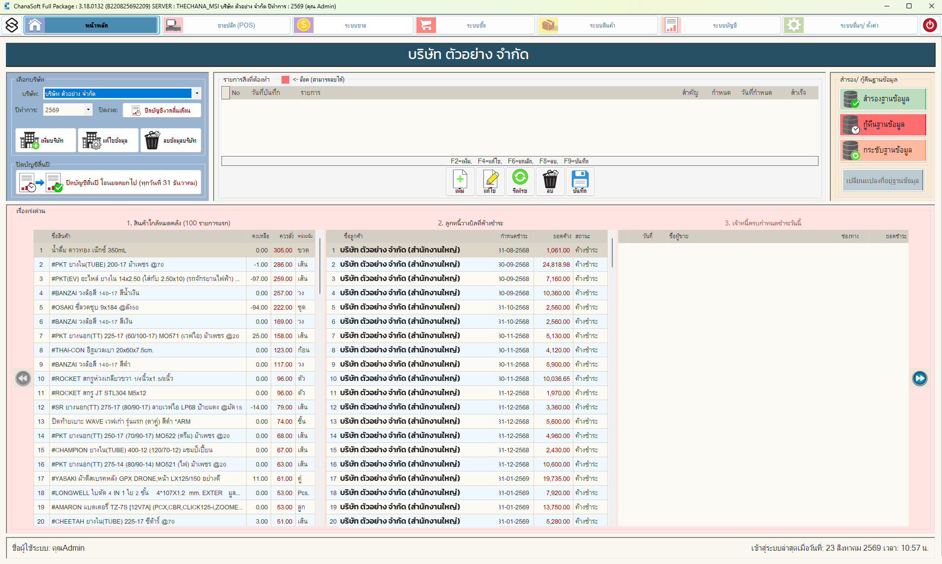 หน้าจอหลักของ ChanaSoft หลังเข้าสู่ระบบ